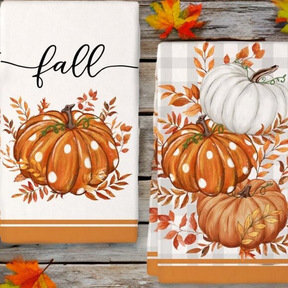 Fall Kitchen Towels Pumpkin Autumn Holiday Thanksgiving Halloween Cottage Decor - Picture 1 of 6